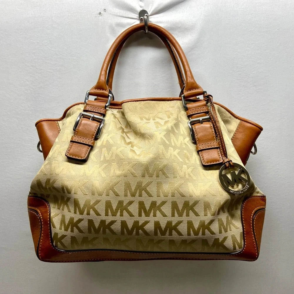 Michael Kors Brookville Large Tote Bag MK Saddle Khaki Canvas Brown Leather EUC